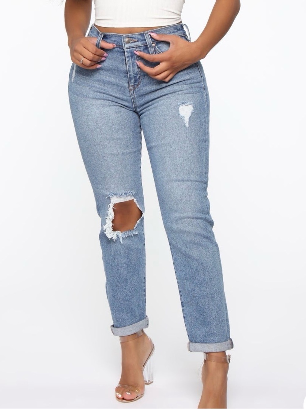 Fashion Nova Light Blue Boyfriend Jeans with Knee Distress